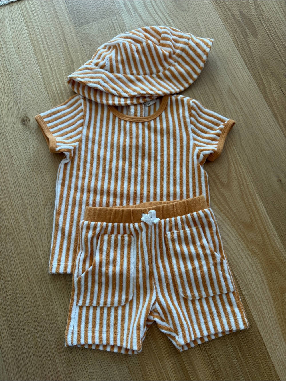Petit lem Striped Orange & White Terry Short Set with Hat